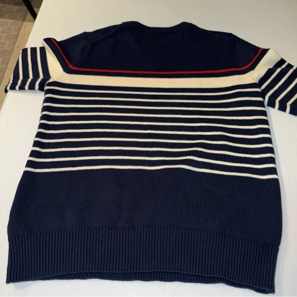 J Crew Crewcuts Boys XL 12-14 Navy Blue Striped‎ Cotton Knit Crewneck Sweater
